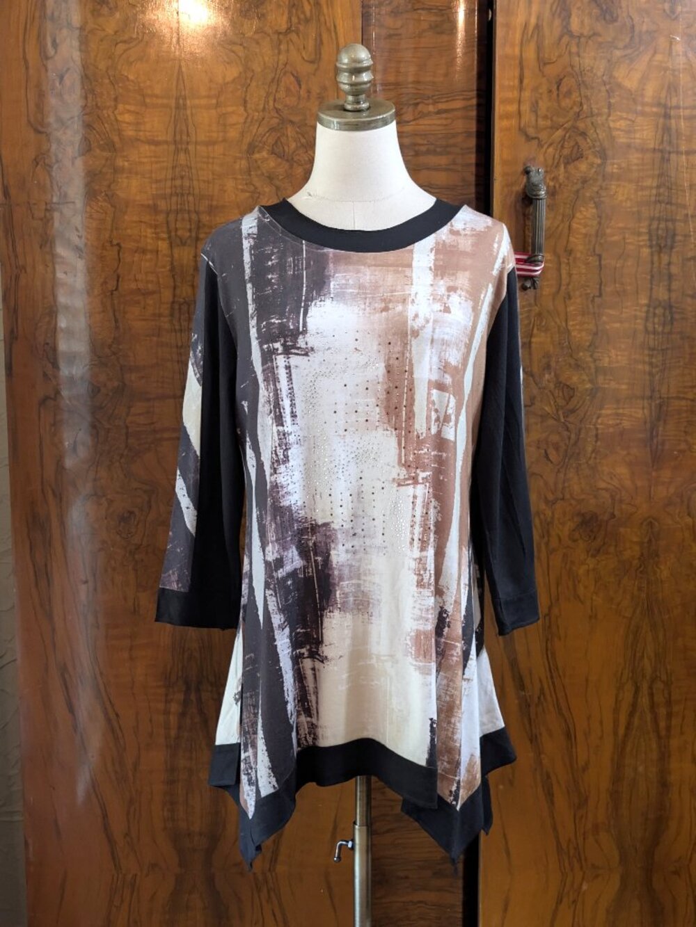 Jess & Jane Abstract Print Tunic Top Sz M Lagenlook Artsy Boho Jersey Asymmetric